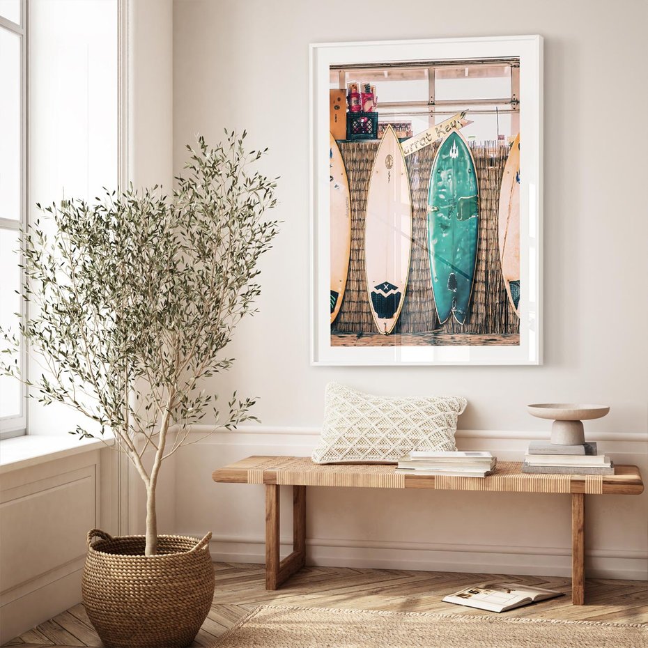 Plakat bez ramy 21x30 - Deski Surfingowe w Pionie - deski surfingowe, ustawione pionowo
