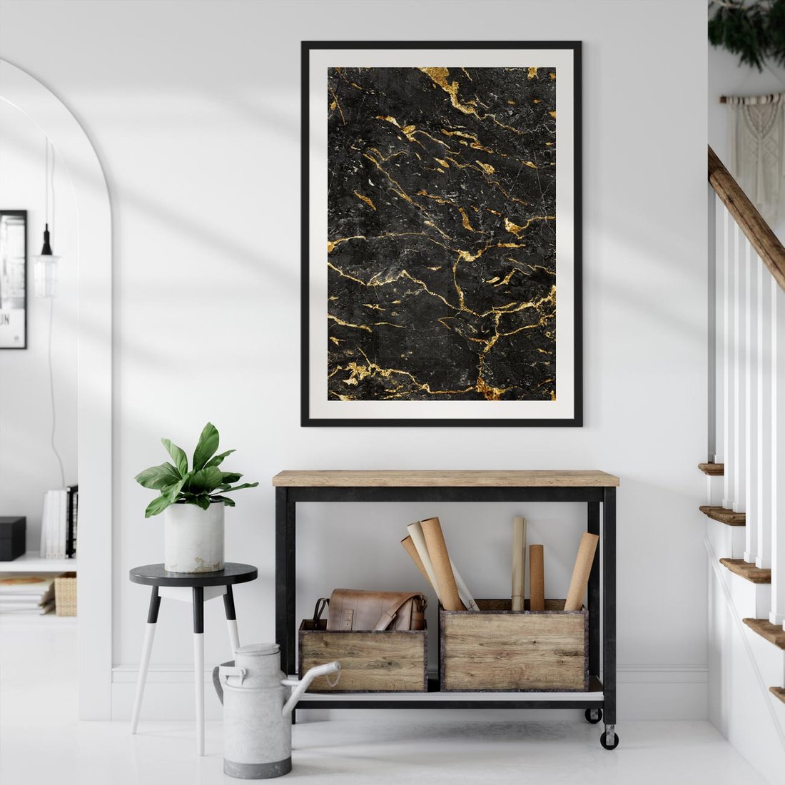 Plakat w ramie 50x70 - Egzotyczny Blask - marmur, złoto - rama czarna