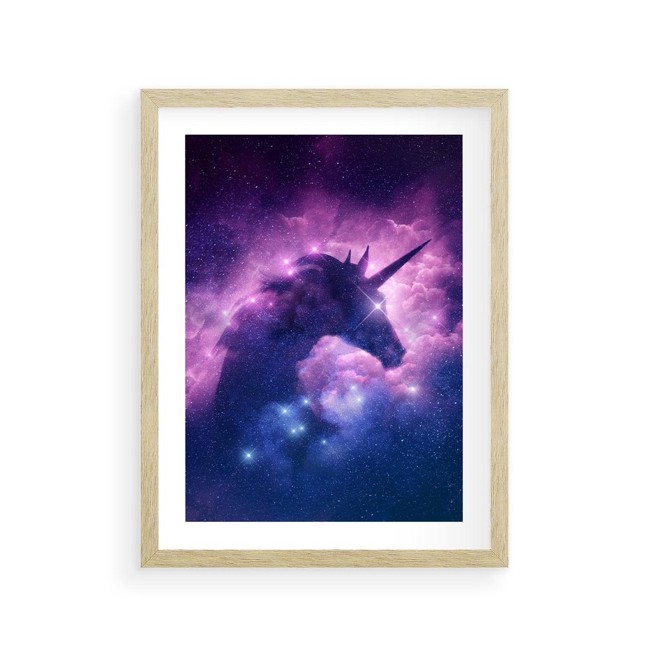 Plakat w ramie 30x40 - Mityczna podróż - kosmos, jednorożec - rama drewno