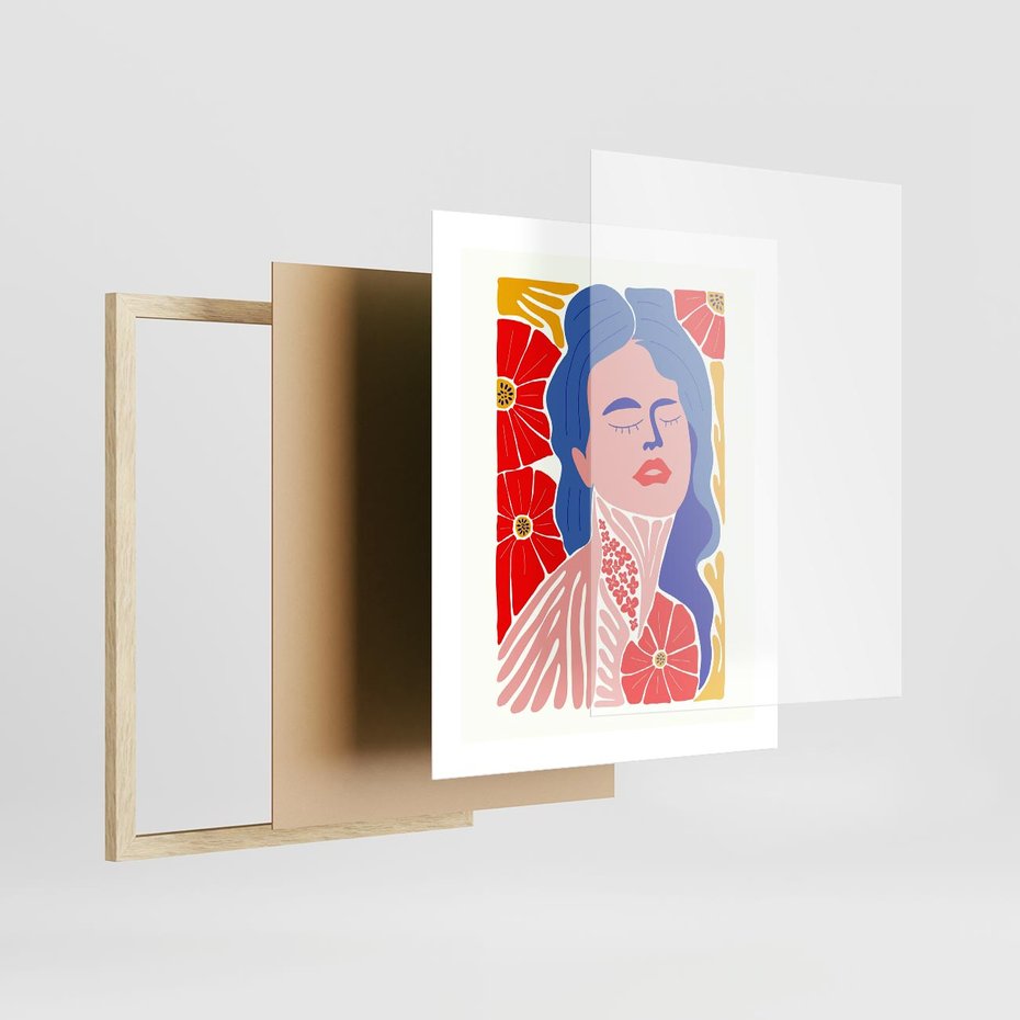 Plakat w ramie 40x50 - Nowoczesna Twarz - nowoczesna grafika, kolorowa twarz kobiety - rama drewno