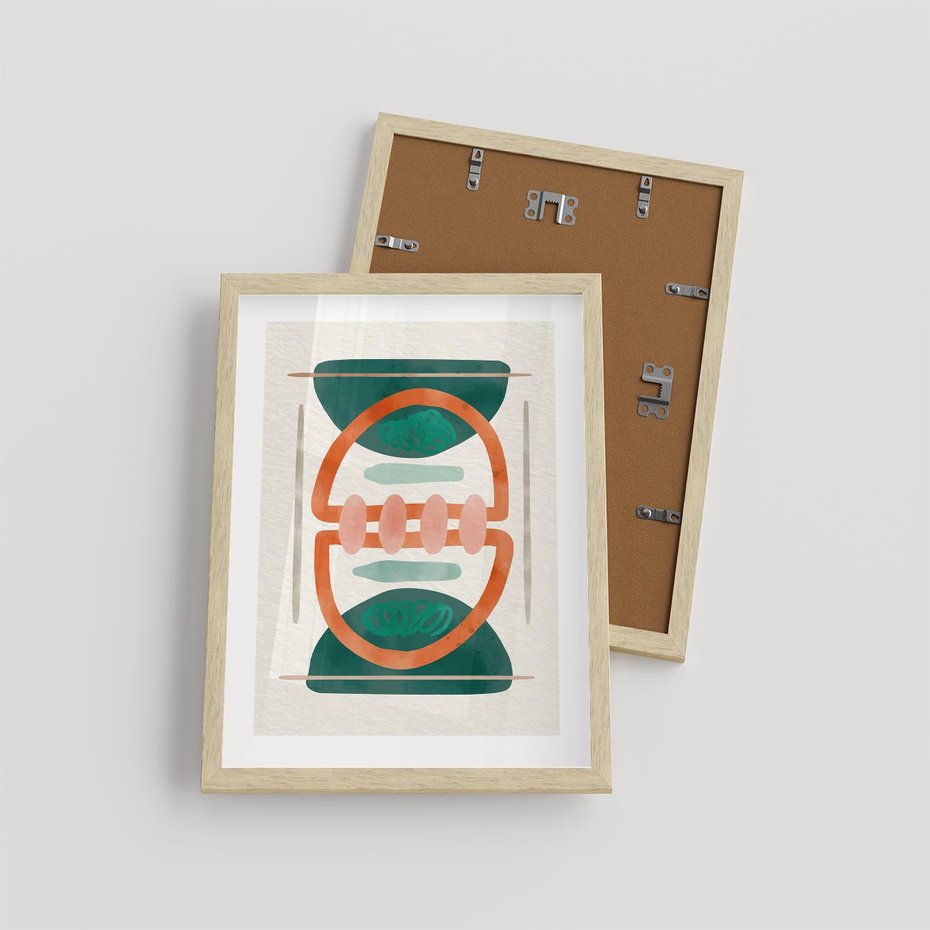 Plakat w ramie 30x40 - Oryginalny obraz abstrakcyjny w nowoczesnym stylu. Geometryczne akwarelowe kształty w intensywnych odcieniach zieleni i pomarańczu. Doskonała dekoracja dla miłośników sztuki. - abstrakcyjny obraz, sztuka nowoczesna - rama drewno