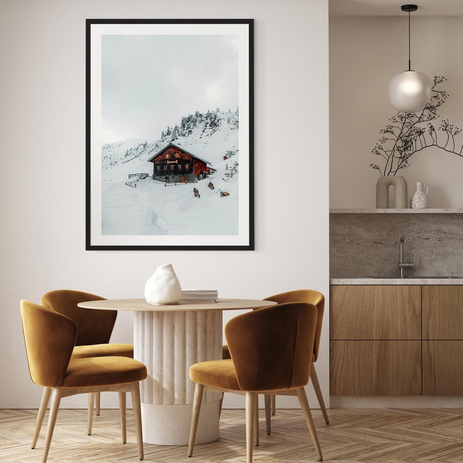 Plakat w ramie 50x70 - Zimowa Magia - domek, śnieg - rama czarna