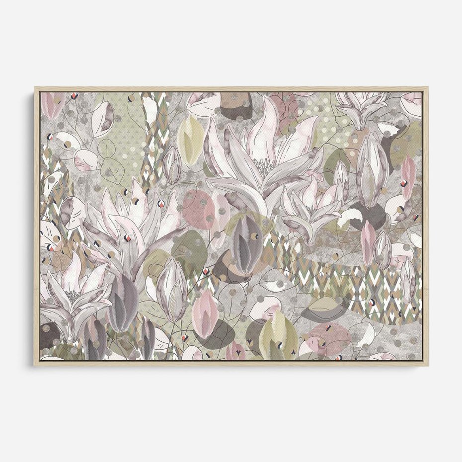 Obraz w ramie 100x70 - Pejzaże zatajonej duszy - połączenie tekstur, roślinne motywy - rama drewno