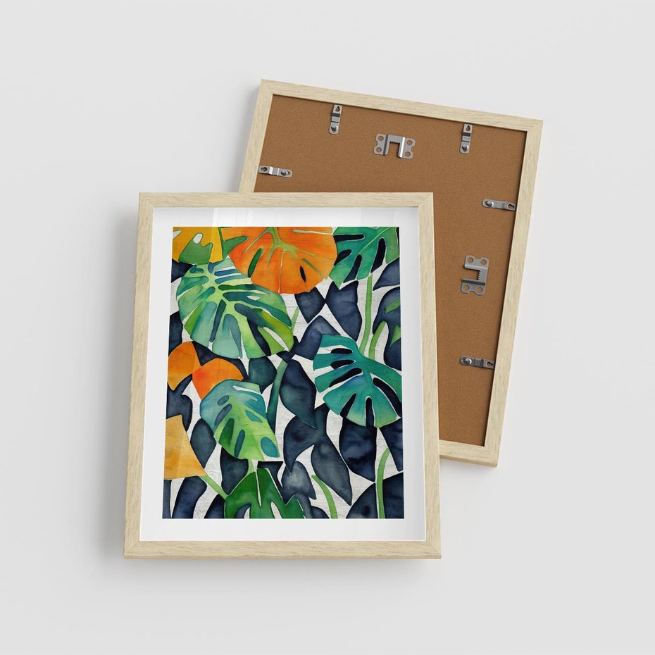 Plakat w ramie 40x50 - Tropikalne Pragnienia - akwarela, liście tropikalne - rama drewno