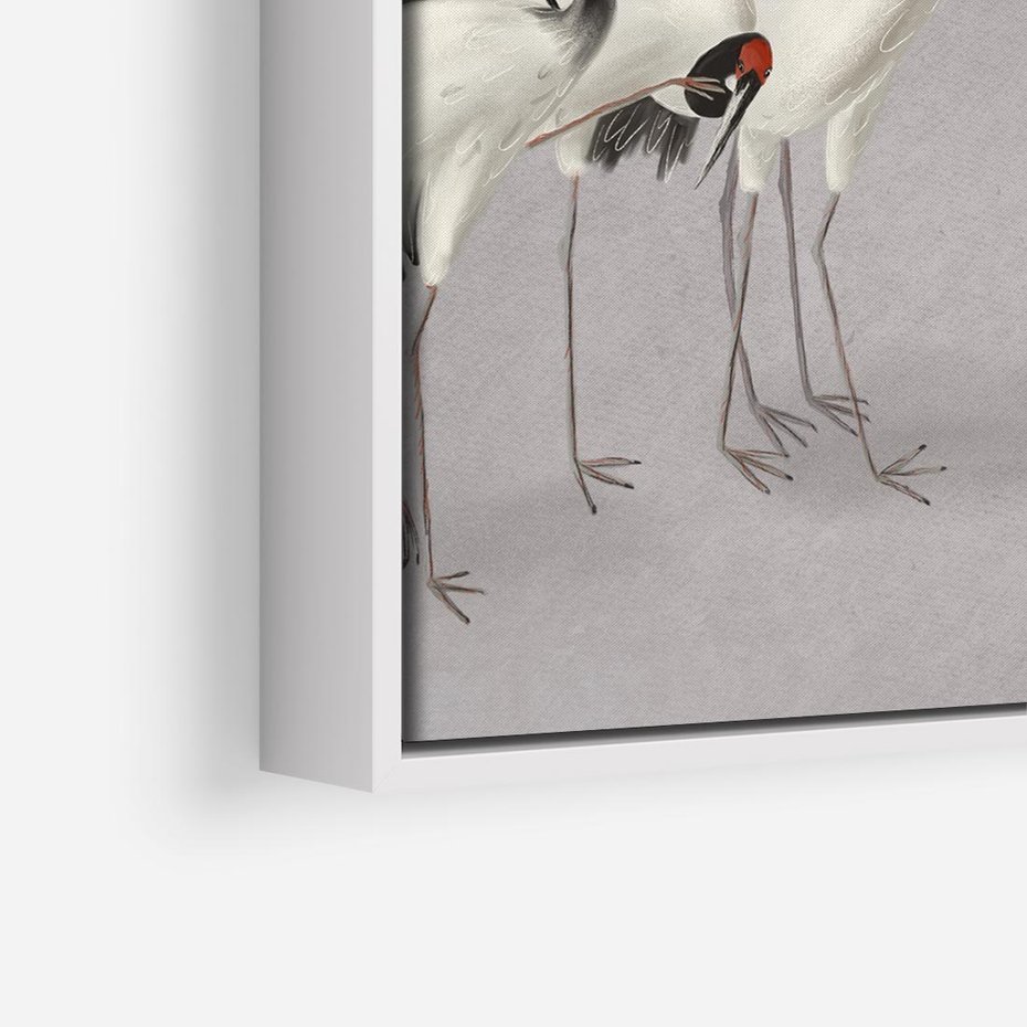 Obraz w ramie 80x80 - Spojrzenie wstecz w pędzlu - szkic rysunek, japońskie żurawie - rama biała