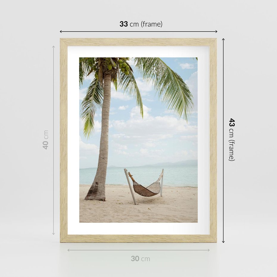 Plakat w ramie 30x40 - Relaks na plaży - palma, hamak - rama drewno