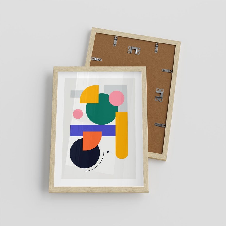 Plakat w ramie 30x40 - Przestrzenne Innowacje - nowoczesna sztuka, geometryczna kolorowa grafika - rama drewno