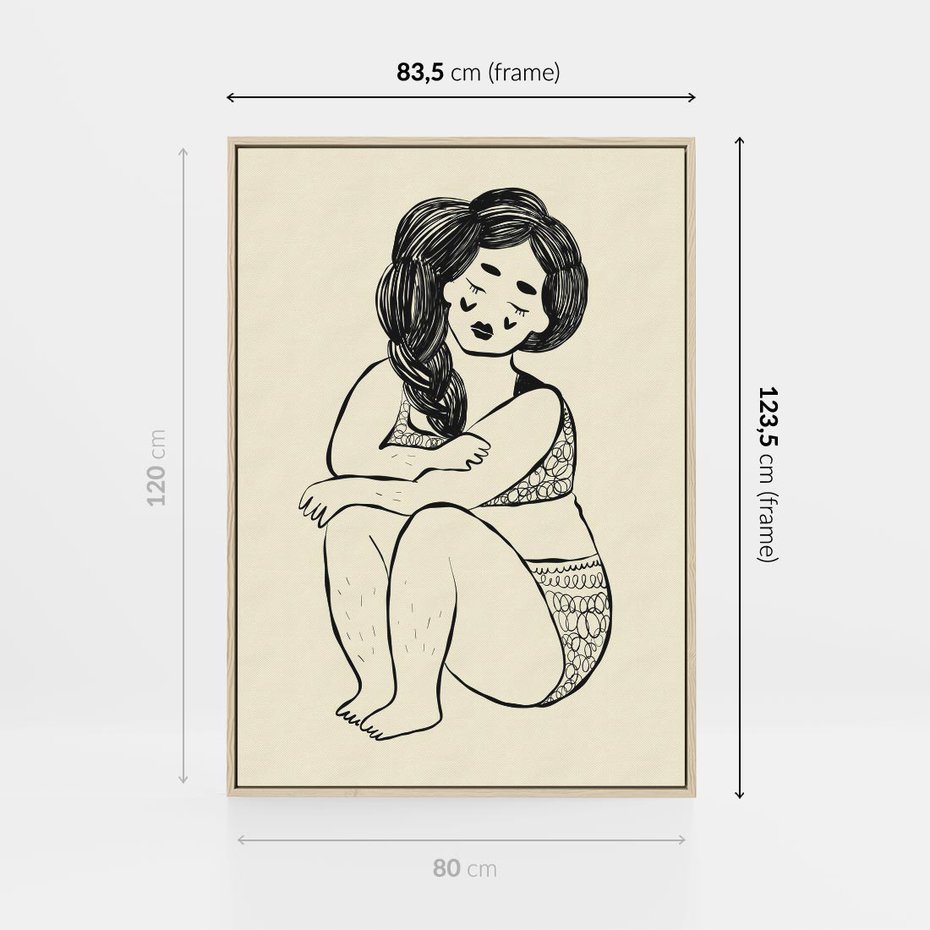 Obraz w ramie 80x120 - Migotliwe Refleksje - nowoczesny minimalistyczny rysunek, dziewczyna w bieliźnie - rama drewno
