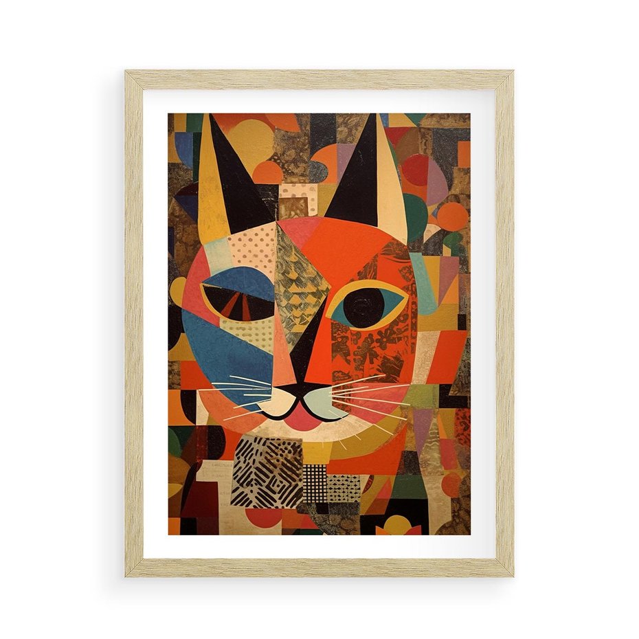 Plakat w ramie 50x70 - Impresje Nieznanych Odniesień - abstrakcyjny obraz olejny, kot - rama drewno