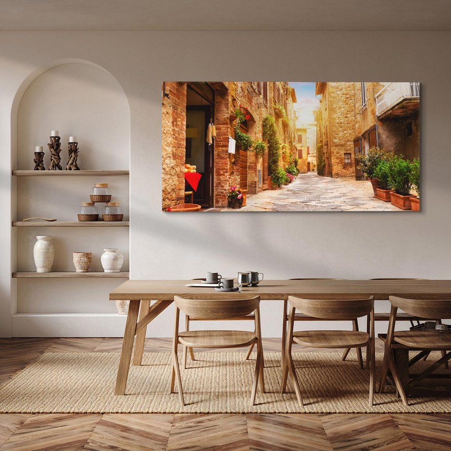 Obraz na płótnie 120x60 - Urok uliczki miejskiej z kwiatami - sklep, uliczka