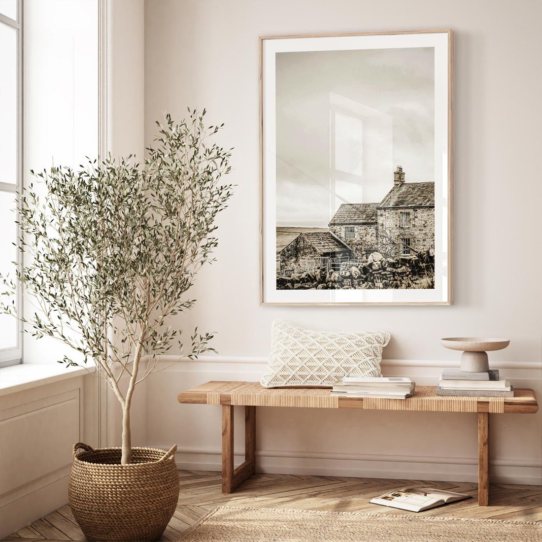 Plakat w ramie 40x50 - Kamienny Dom w Odcieniach Sepii - stary kamienny dom, odcienie sepii - rama drewno