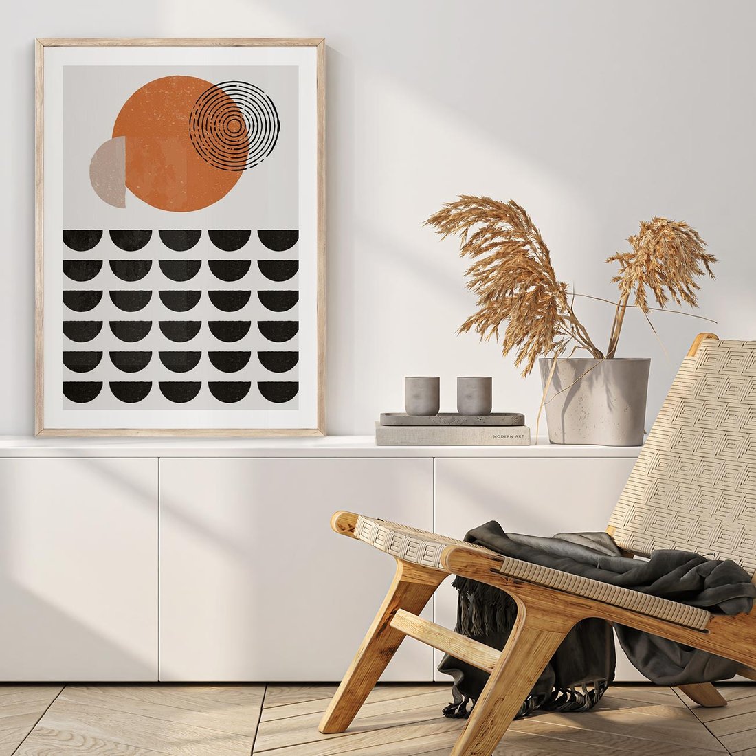 Plakat w ramie 30x40 - Geometryczna Ekspresja - geometryczny graficzny obraz, pomarańczowe koło - rama drewno