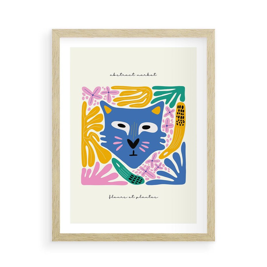 Plakat w ramie 50x70 - Kolorowe Spektrum - abstrakcyjny plakat, niebieski kot - rama drewno