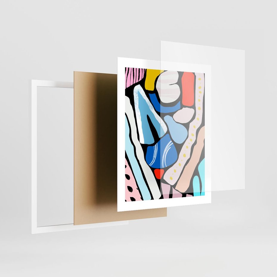 Plakat w ramie 40x50 - Kolory Na Czerni - abstrakcyjne formy, komiksowy styl - rama biała