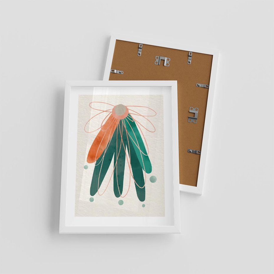 Plakat w ramie 30x40 - Energetyczna Harmonia Kwiatów - akwarelowe abstrakcyjne kształty, zieleń i pomarańcz - rama biała