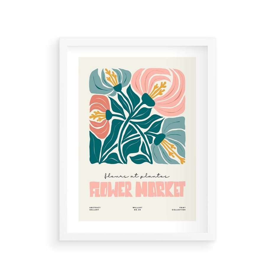 Plakat w ramie 30x40 - Taniec Kształtów - kwiaty, abstrakcyjna kompozycja - rama biała