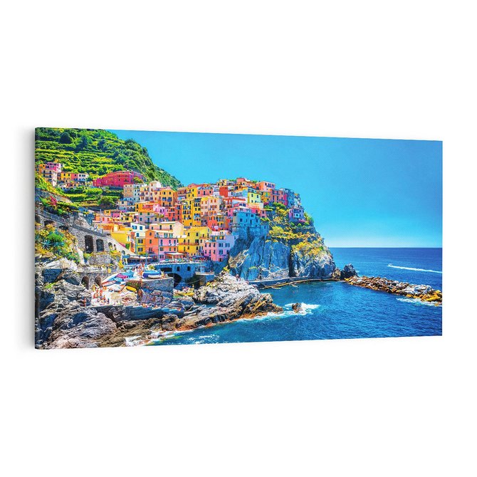 Obraz na płótnie 100x50 - Barwne Wybrzeże - nadmorskie miasto na klifie, kolorowe tęczowe budynki