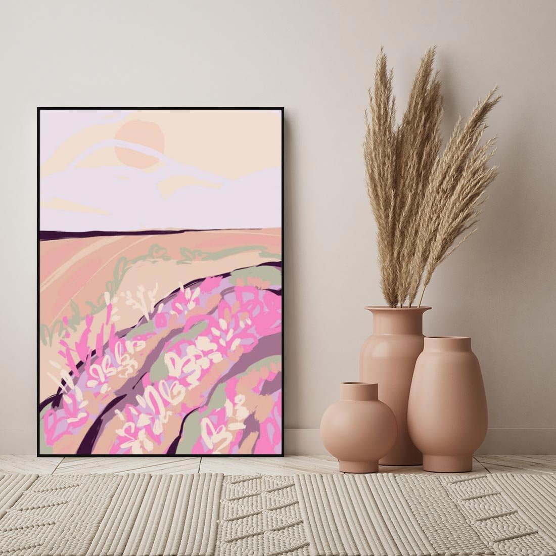 Obraz w ramie 70x100 - Harmonijny Świt - pastelowy krajobraz, nowoczesny plakat - rama czarna