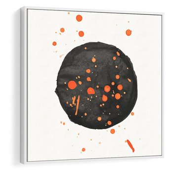 Obraz w ramie 50x50 - Impulsy Kreatywności - abstrakcyjna czarna plama, rozsiane pomarańczowe kropki - rama biała
