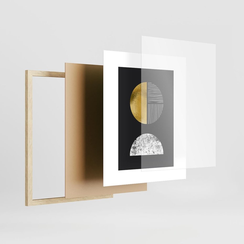 Plakat w ramie 40x50 - Złote Koła i Geometryczne Formy - grafika, modern - rama drewno