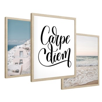 Zestaw obrazy w ramie 50x70 galeria - Carpe, diem, Santorini, plaża, morze - rama drewno