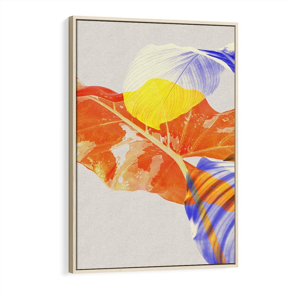 Obraz w ramie 80x120 - Energetyczne Indygo - retro, tropikalne liście - rama drewno