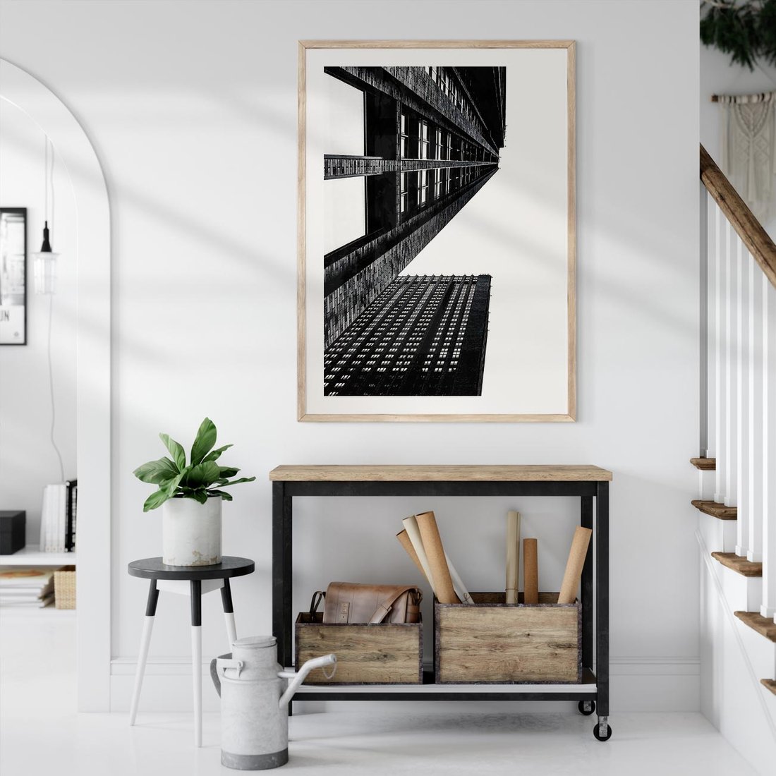 Plakat w ramie 50x70 - Geometryczna Asymetria - architektura, czarno białe zdjęcie - rama drewno