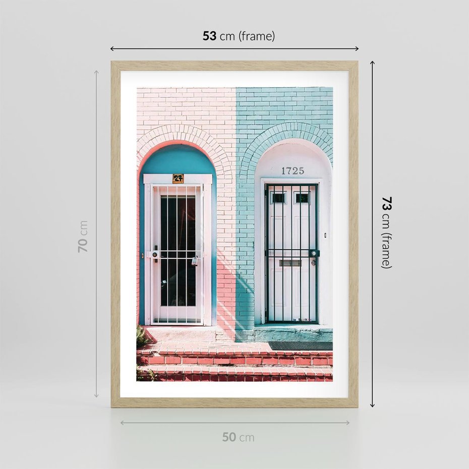 Plakat w ramie 50x70 - Urok Starych Drzwi - stare retro drzwi kamienicy, pastelowe kolory - rama drewno