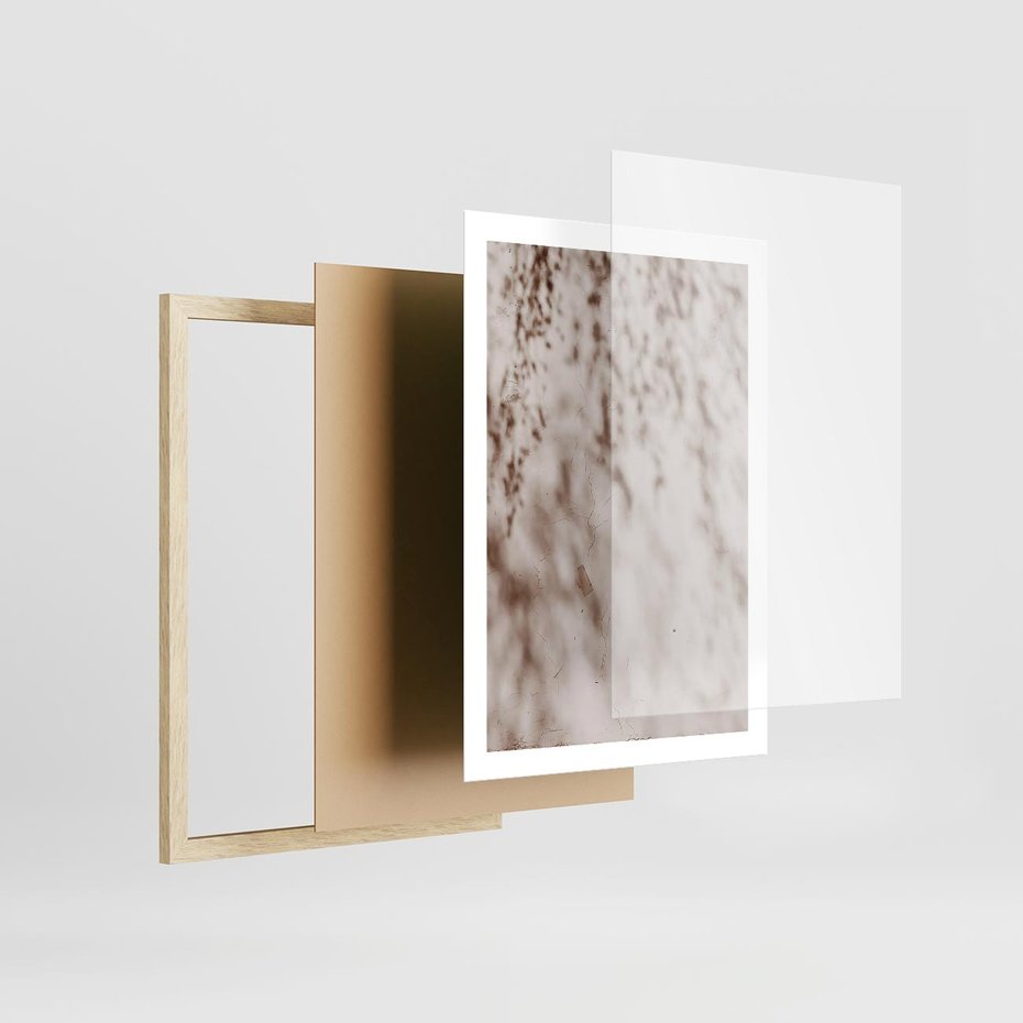 Plakat w ramie 50x70 - Cień Gałęzi - beżowa ściana, cień gałęzi - rama drewno