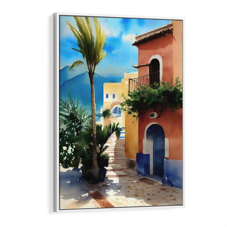 Obraz w ramie 70x100 - Spokój Miasta nad Morzem - akwarela, sródziemnomorski klimat - rama biała