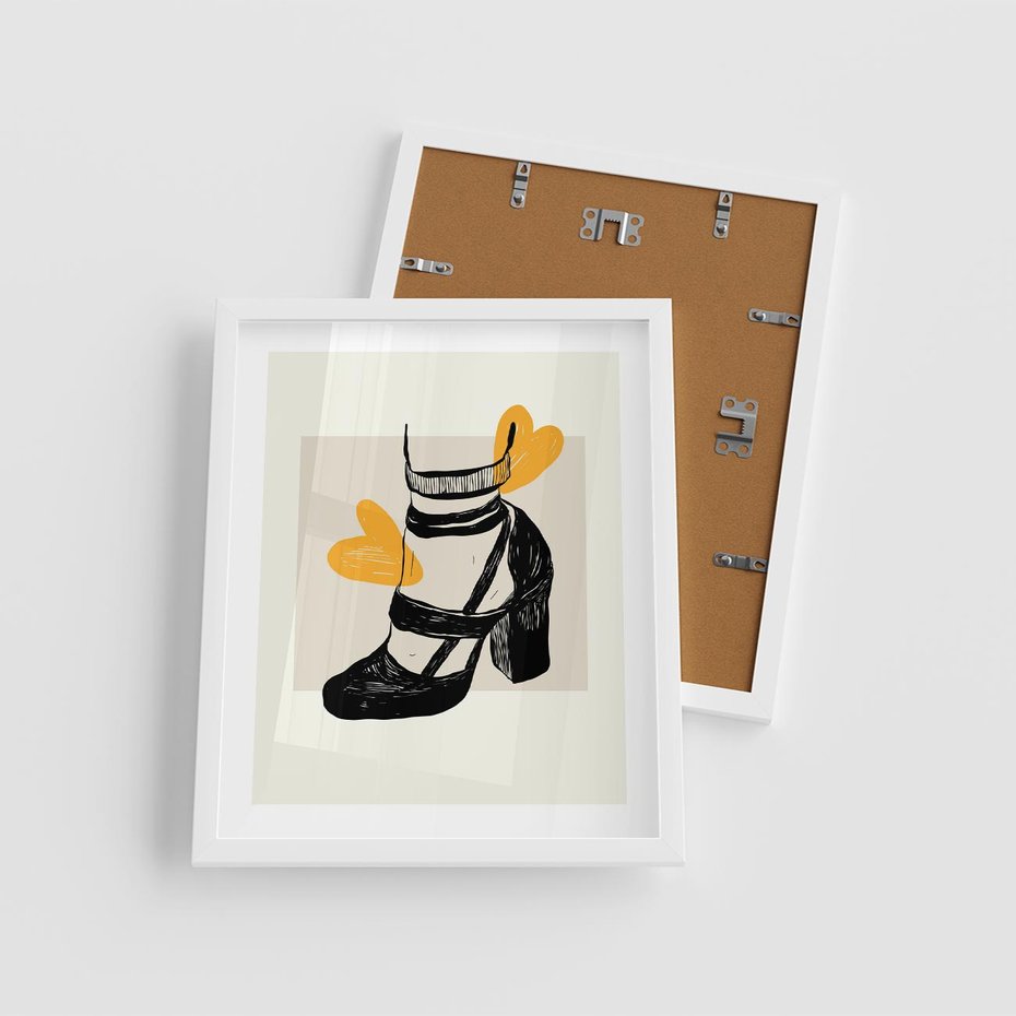 Plakat w ramie 40x50 - Elegancja w Szkicu: Stopa w Bucie na Obcasie - grafika, czarny szkic - rama biała