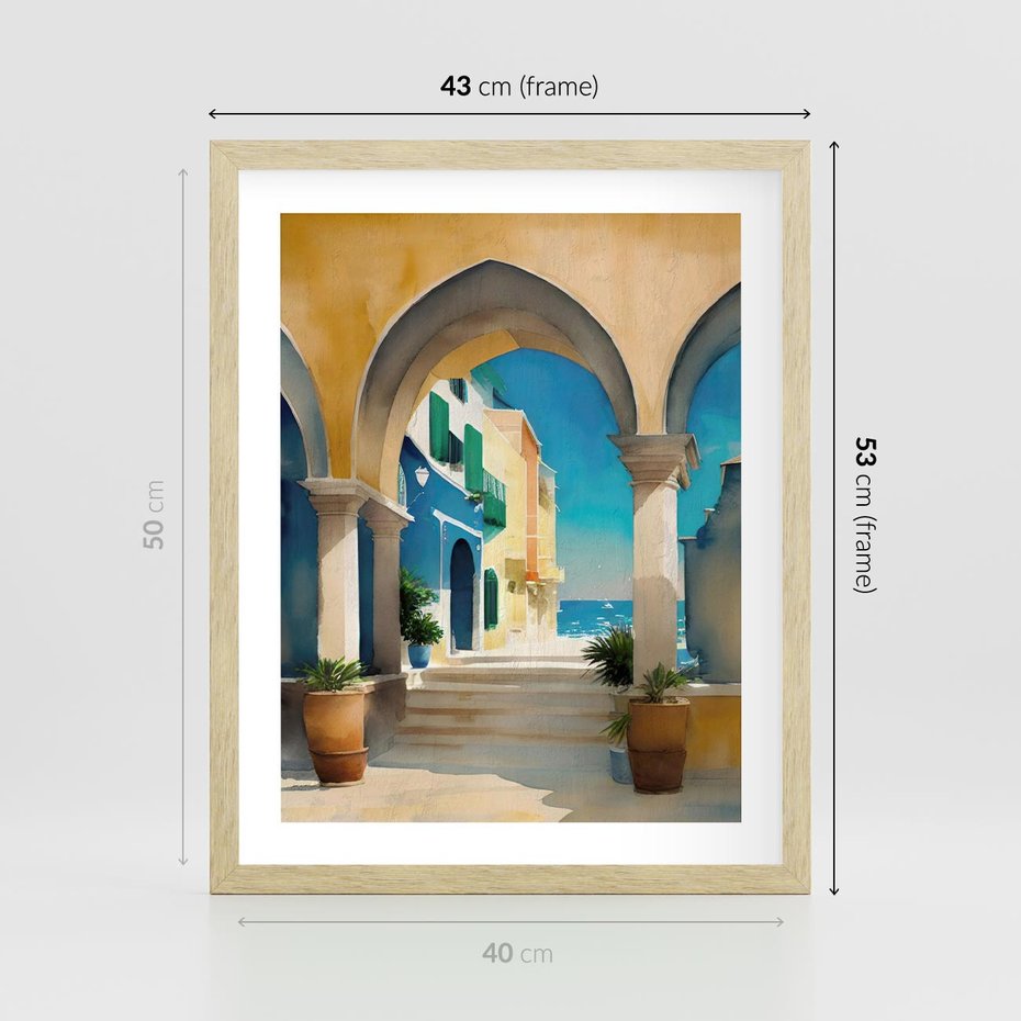 Plakat w ramie 40x50 - Nadmorskie Łuki - akwarela, śródziemnomorski klimat - rama drewno
