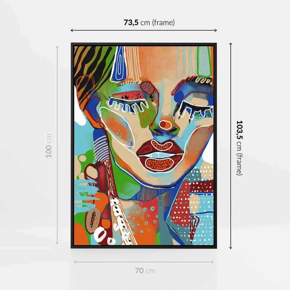 Obraz w ramie 70x100 - Kolorowe Formy - abstrakcyjny portret kobiety, twarz - rama czarna