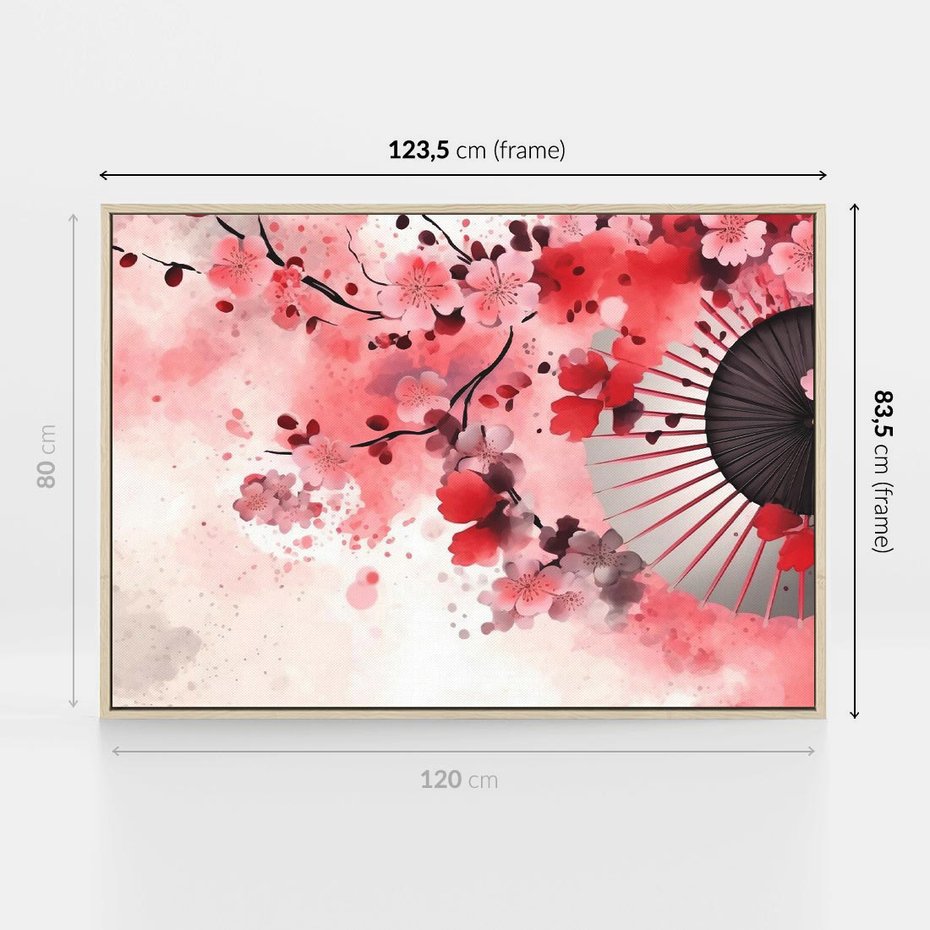 Obraz w ramie 120x80 - Szept Kwitnącej Wiśni - japoński parasol, liście - rama drewno