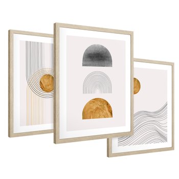 Zestaw obrazy w ramie 30x40 galeria - Minimalizm, japońskie, kształty, złoto - rama drewno