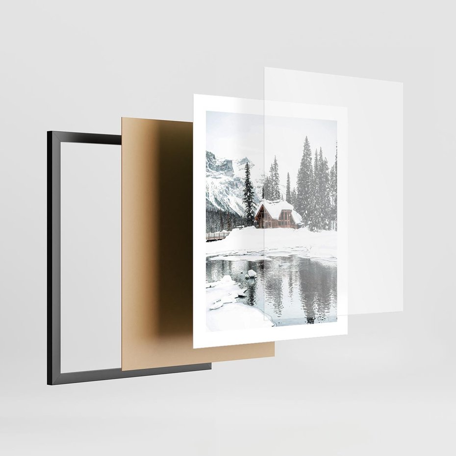 Plakat w ramie 40x50 - Urok Zimowego Krajobrazu - domek w górach, zima - rama czarna
