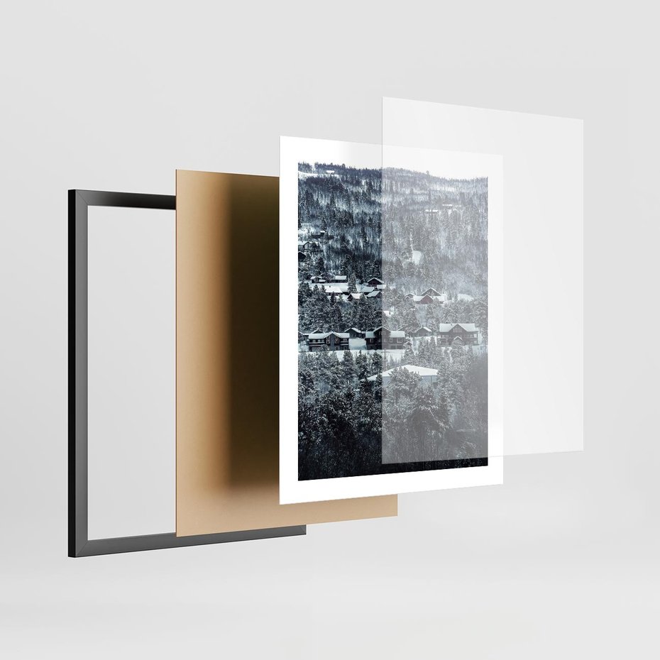 Plakat w ramie 40x50 - Domki w Chmurach - górski zimowy krajobraz, dommki na wzgórzach - rama czarna