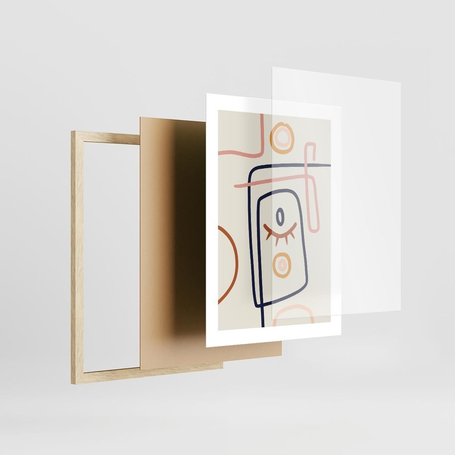 Plakat w ramie 30x40 - Manifestacje Dziwności - abstrakcja w stylu picasso, beżowe tło - rama drewno