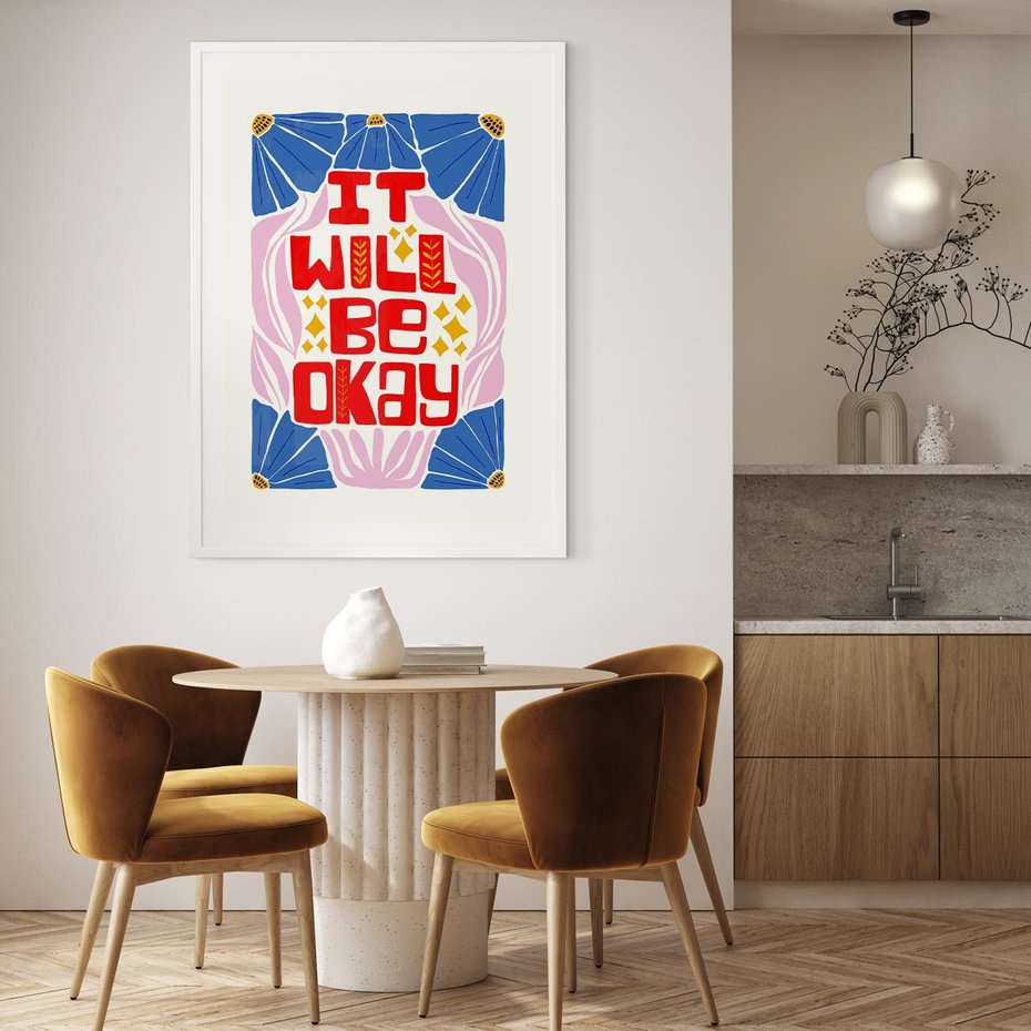 Plakat w ramie 30x40 - Kwiatowa Ekstaza - czerwona pozytywna typografia, kwiatowa kompozycja - rama biała