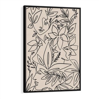 Obraz w ramie 50x70 - Kobiecy Portret Duszy - beżowe tło, czarny szkic nowoczesnych kwiatów - rama czarna