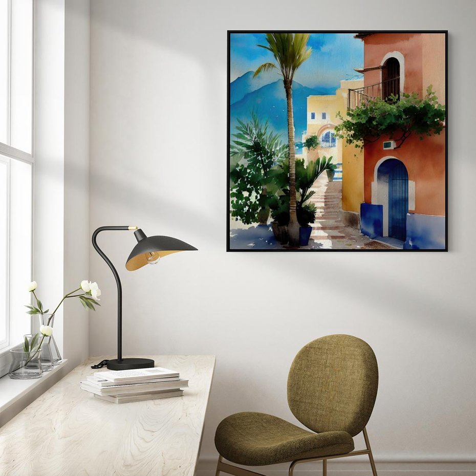 Obraz w ramie 50x50 - Spokój Miasta nad Morzem - akwarela, sródziemnomorski klimat - rama czarna