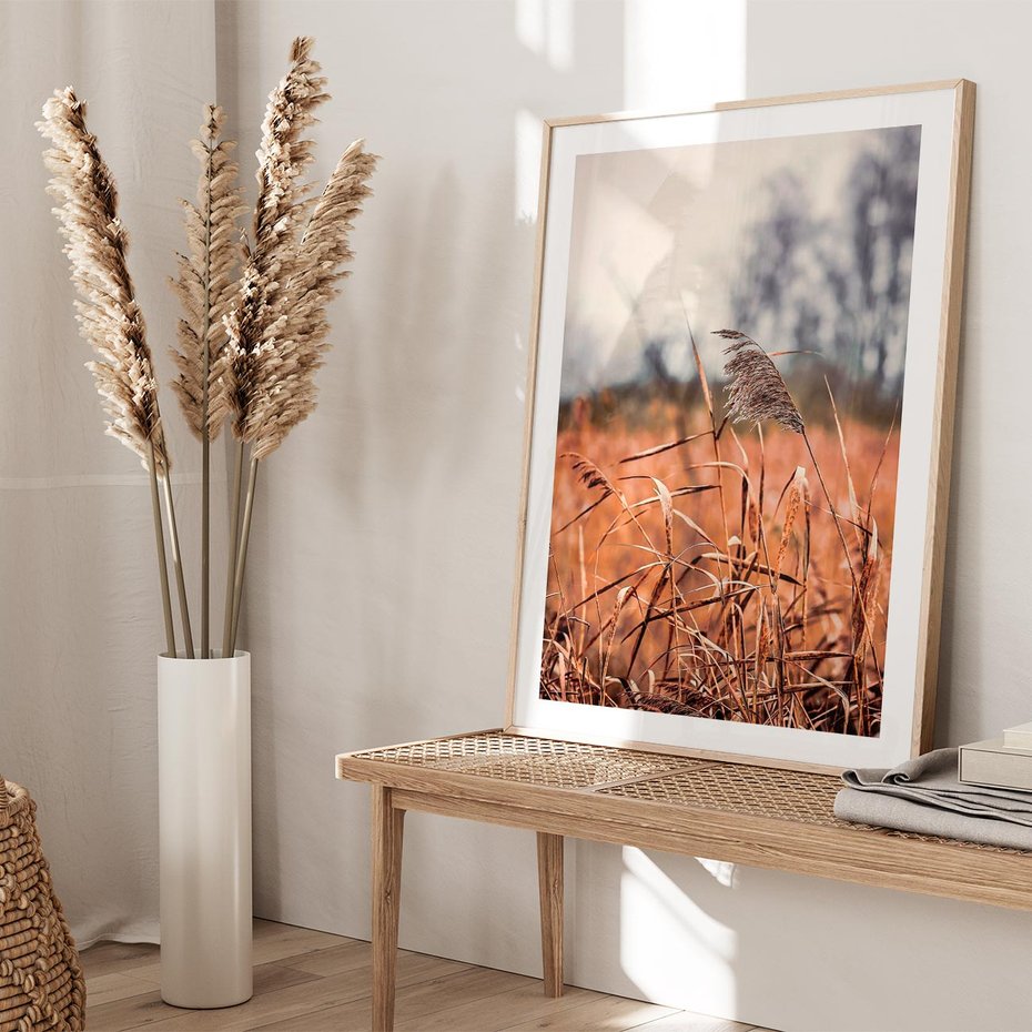 Plakat w ramie 30x40 - Jesienna Melancholia - suche trawy, jesień - rama drewno