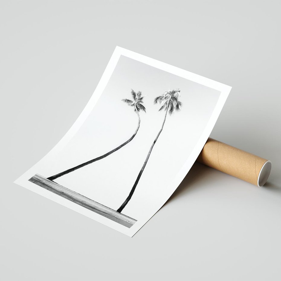 Plakat bez ramy 50x70 - Samotne Palmy - czarno biała fotografia, dwie samotne palmy