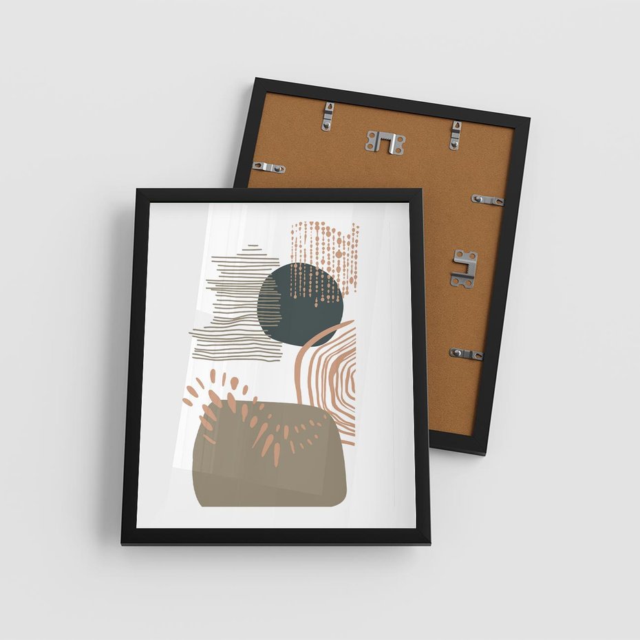 Plakat w ramie 40x50 - Taniec Plam - abstrakcyjna kompozycja z kropek kresek i kółek, odcienie brązu i beżu - rama czarna
