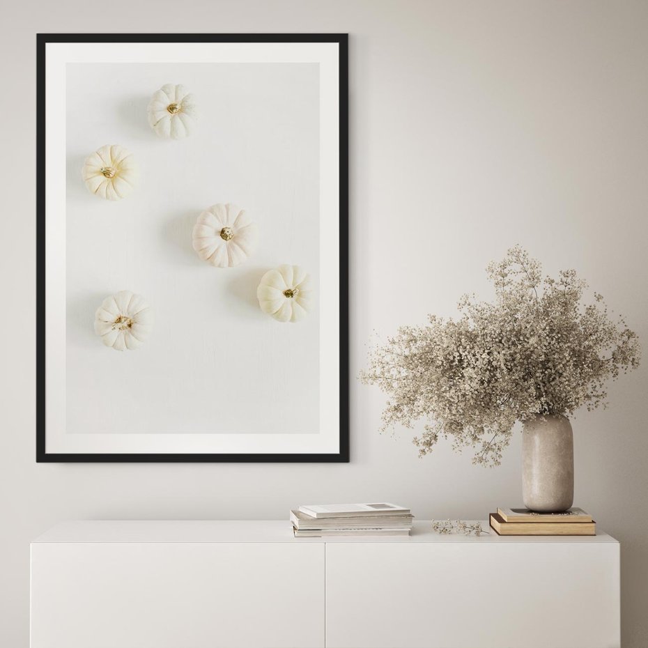 Plakat bez ramy 21x30 - Biała Jesień: Dynie na Jasnym Tle - białe dynie, białe tło