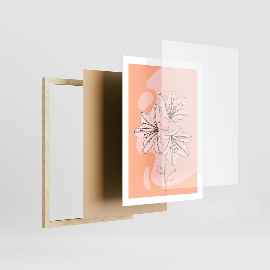 Plakat w ramie 50x70 - Kwiatowa Harmonia - minimalistyczny plakat, pudrowe kwiaty - rama drewno