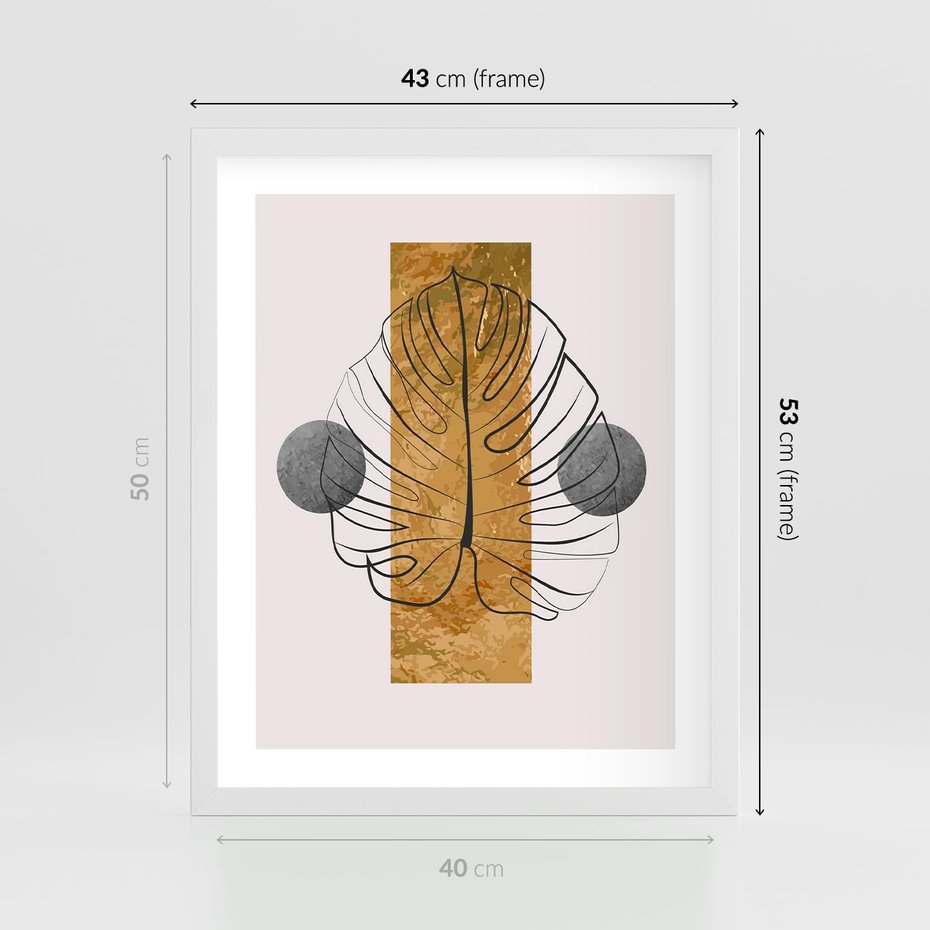 Plakat w ramie 40x50 - Minimalistyczna Monstera: Złoty Prostokąt - liść monstery, minimalizm - rama biała