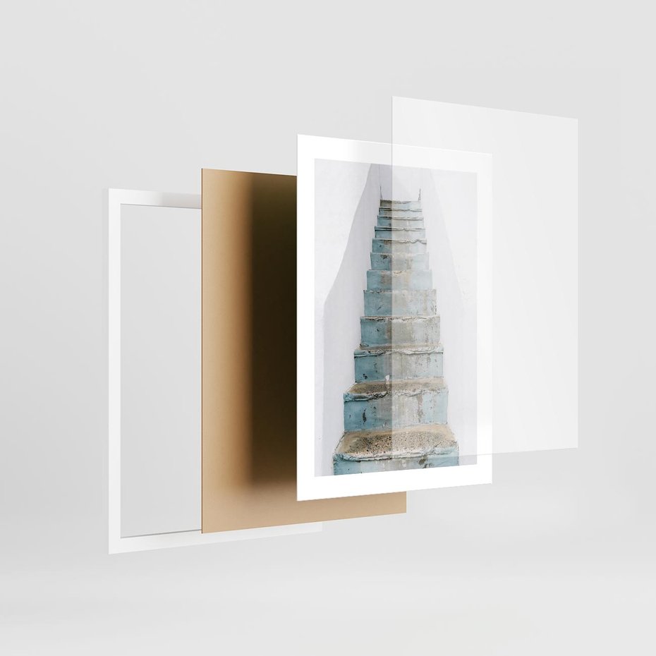 Plakat w ramie 30x40 - Niebieskie Schody Santorini - stare kamienne schody, niebieskie schody - rama biała
