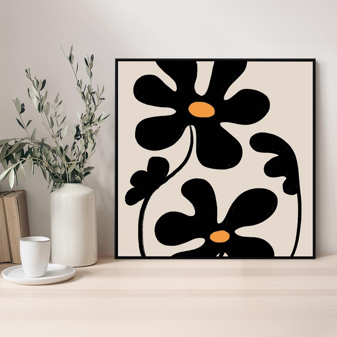 Obraz w ramie 50x50 - Wyjątkowość Boho - minimalistyczny abstrakcyjny obraz, prymitywne kwiaty - rama czarna