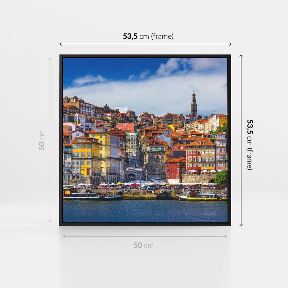 Obraz w ramie 50x50 - Kolorowa Przystań - nadmorskie miasto, kolorowe budynki - rama czarna